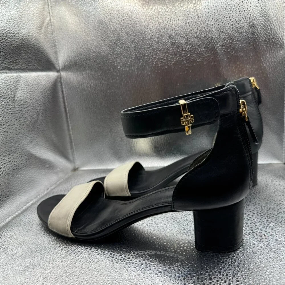 Size 9.5‎ M Tory Burch Black White Womens Two-Tone Block Heel Strappy Sandals